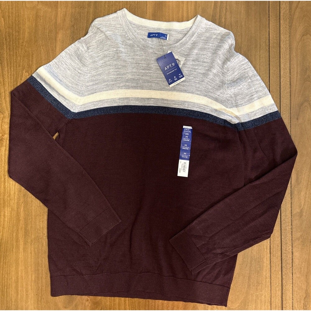 APT 9 Sweater Mens Medium Gray Burgundy Crewneck Seriously Soft Merino Wool Warm